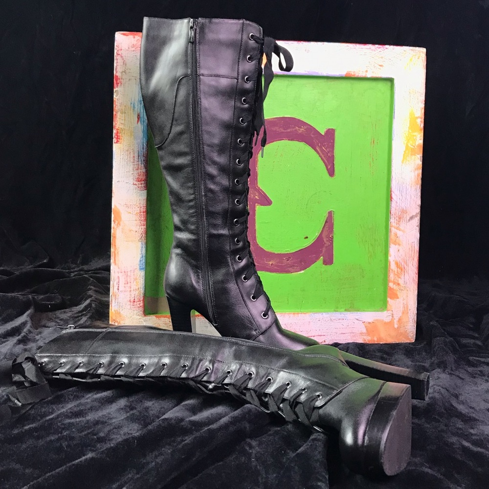 Knee-high Black Leather Boots with 4” Heel.